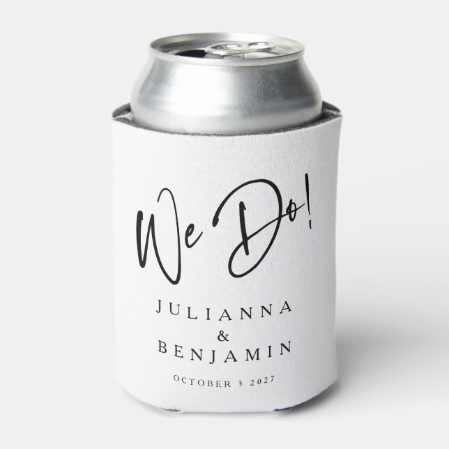 Modern We Do Elegant Custom Black White Wedding Can Cooler (Can Front)