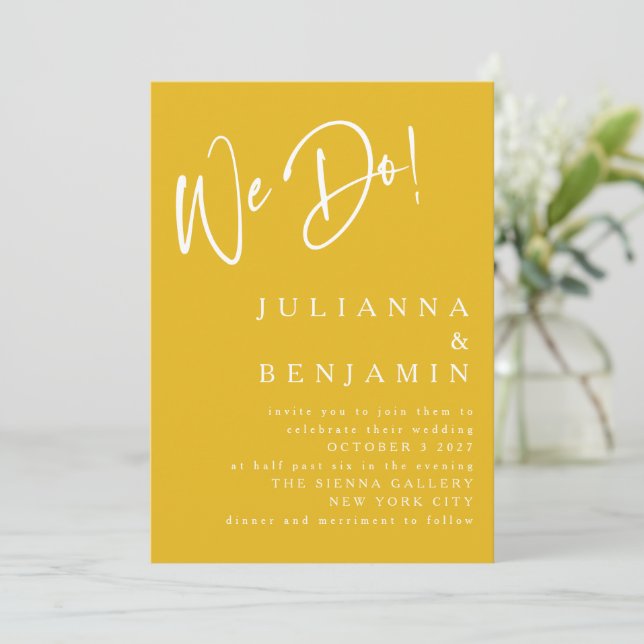 Modern We Do Elegant Saffron Yellow Wedding  Invitation (Standing Front)