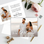 Modern We Got Married White Script Wedding Photo Announcement<br><div class="desc">Announce your recent wedding to family and friends! This modern wedding announcement card design features a horizontal photo of the new husband and wife on the front with a white brushed "We Got Married!" calligraphy script overlay and a monogram of your names and marriage date that can be personalized. The...</div>