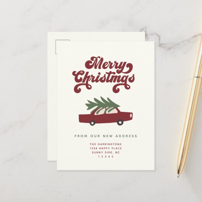 Modern We Have Moved Red Christmas Tree Car Moving Announcement Postcard (Front/Back In Situ)