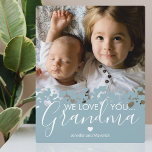 Modern We Love You Grandma Photo Plaque<br><div class="desc">Personalized grandmother photo plaque featuring a precious family photo,  a modern dusty blue heart border design,  the saying "we love you grandma",  and the childrens names.</div>