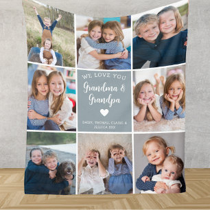 Modern We Love You Grandparents Photo Collage Blue Fleece Blanket