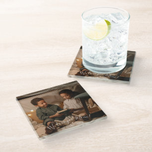 Modern We Love You Mom Photo Glass Coaster