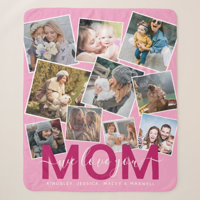 Modern 'We Love You' Photo Collage Mom Sherpa Blanket (Front)