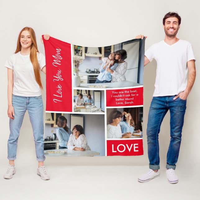 Modern We Love You Red Photo Collage Fleece Blanket (In Situ)