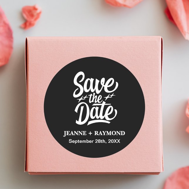 Modern Wedding Announcement Save The Date Black Classic Round Sticker (Creator Uploaded)