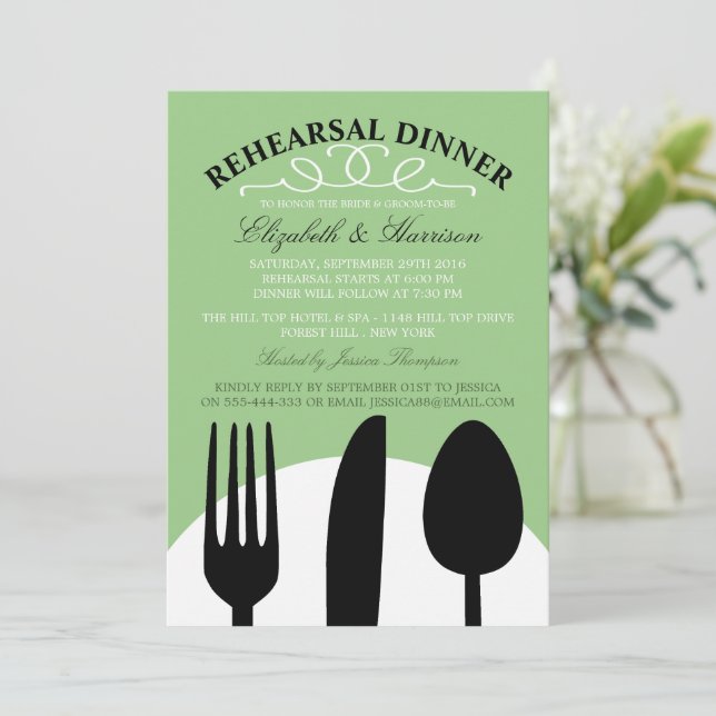 Modern Wedding Black Cutlery Rehearsal Dinner Invitation (Standing Front)