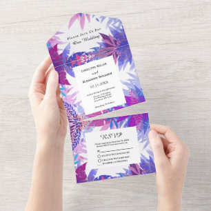 Modern Wedding Blue Pink Floral Watercolor All In  One Invitation