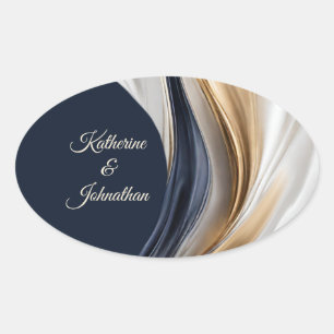 Modern Wedding-Blue White and Gold Oval Sticker