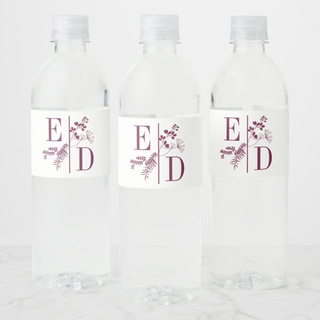 Modern Wedding Burgundy Initials Water Bottle Labe Label (Bottles)