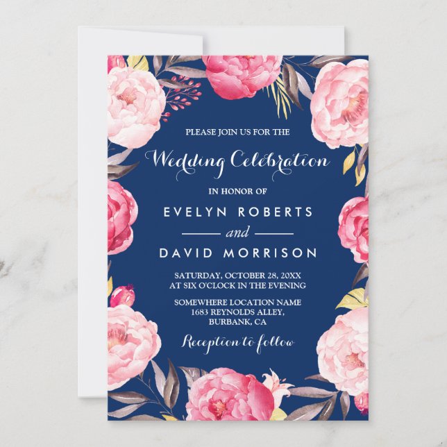 Modern Wedding Celebration Floral Wreath Navy Blue Invitation (Front)