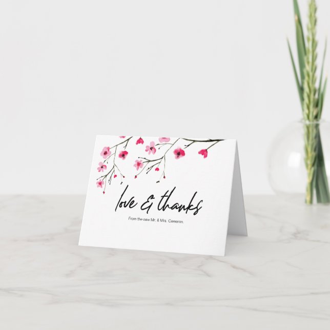 Modern Wedding Cherry Blossom Love and Thanks Thank You Card (Front)
