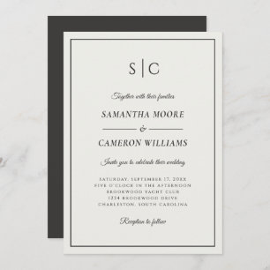 Modern Wedding Classic Monogram Cream & Black Invitation