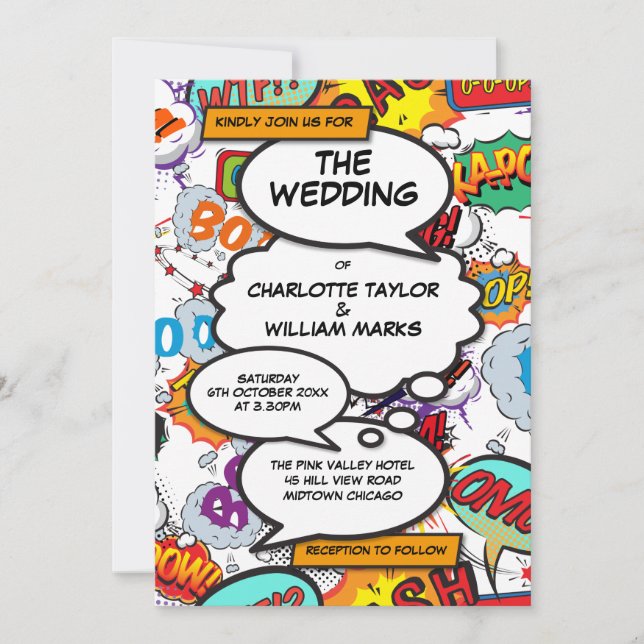 Modern Wedding Colourful Typographic Comic Book Invitation (Front)