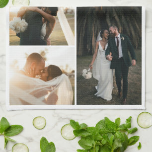 Modern Wedding Couple Anniversary 4 Photo Collage Kitchen Towel