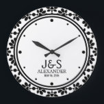 Modern Wedding Couple Personalized Large Clock<br><div class="desc">Easy to read modern black numbers on a bold,  black and white circle surrounded in a modern,  trendy abstract floral type pattern. Other patterns,  colours,  and designs available in the Party Hearty Store. Personalize this as desired with initials,  last name and even a special date.</div>