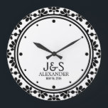 Modern Wedding Couple Personalized Large Clock<br><div class="desc">Easy to read modern black numbers on a bold,  black and white circle surrounded in a modern,  trendy abstract floral type pattern. Other patterns,  colours,  and designs available in the Party Hearty Store. Personalize this as desired with initials,  last name and even a special date.</div>