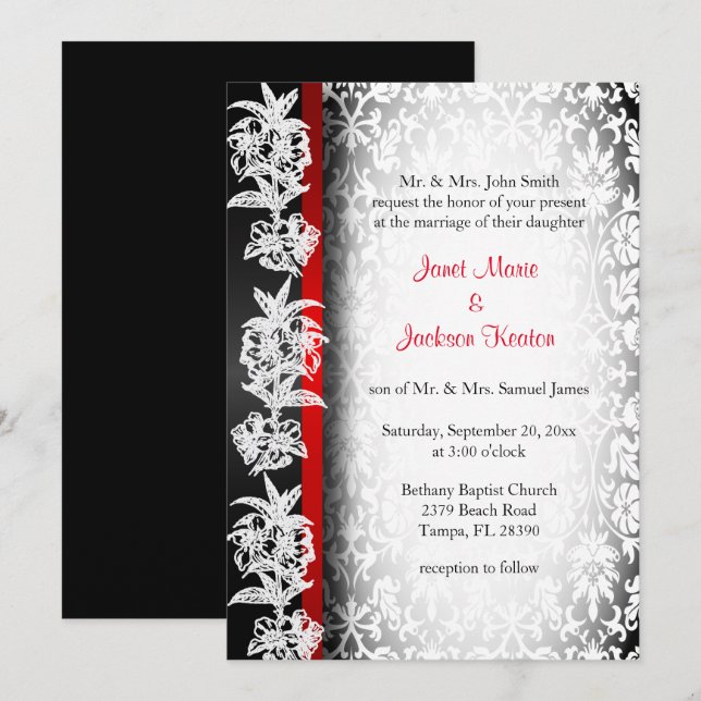 Modern Wedding Damask in White, Black and Red Invitation (Front/Back)