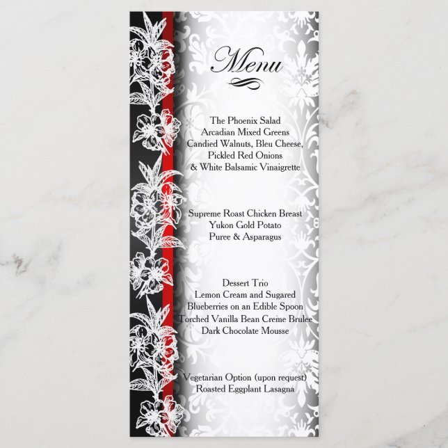 Modern Wedding Damask in White, Black and Red Menu (Front)