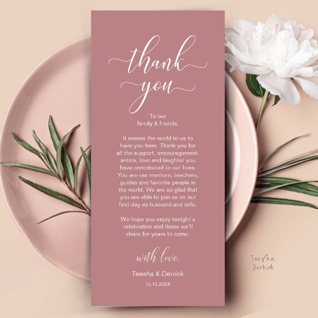 Modern Wedding Dinner Place Setting Thank You Card (Modern Wedding Dinner Place Setting Thank You Card in Dusty Rose Pink)