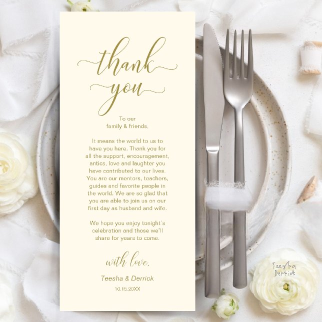 Modern Wedding Dinner Place Setting Thank You Card (Modern Wedding Dinner Place Setting Thank You Card in Gold and Cream)