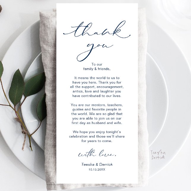 Modern Wedding Dinner Place Setting Thank You Card (Modern Wedding Dinner Place Setting Thank You Card in Navy Blue)