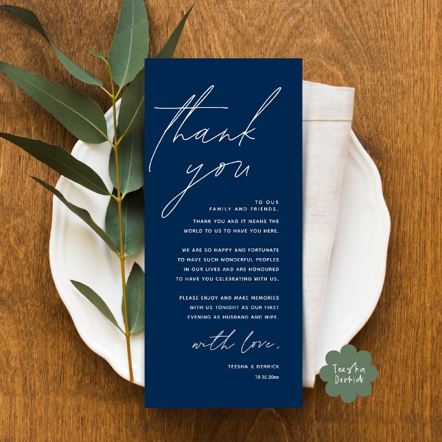 Modern Wedding Dinner Place Setting Thank You Card (Modern Wedding Dinner Lunch Brunch Celebration Place Setting Thank You Card in Navy Blue)