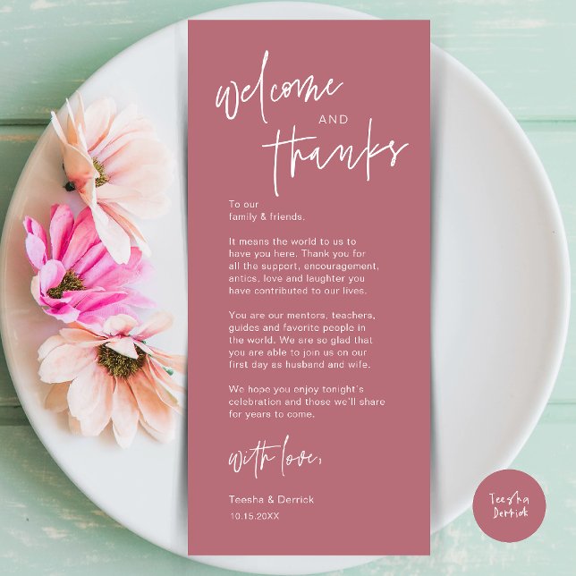 Modern Wedding Dinner Place Setting Thank You Card (Modern Casual Wedding Dinner Place Setting Thank You Card in dusty rose pink)