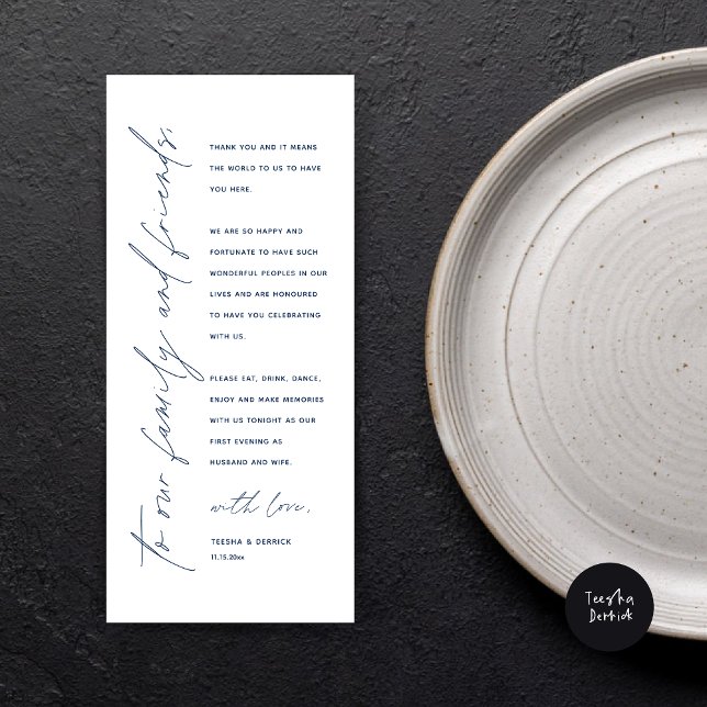 Modern Wedding Dinner Place Setting Thank You Card (Wedding Dinner Place Setting Thank You Card, Modern Minimalist Script, in Navy Blue)