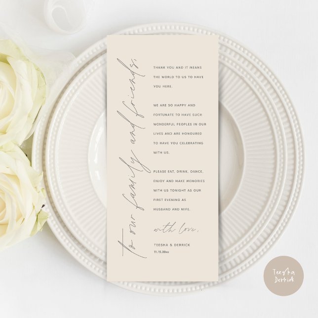 Modern Wedding Dinner Place Setting Thank You Card (Wedding Dinner Place Setting Thank You Card, Modern Minimalist Script, in Cream and Grey)