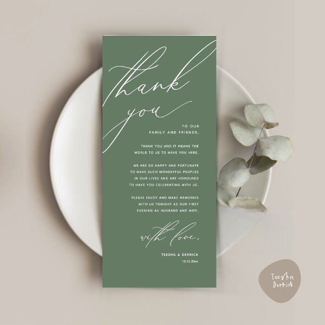 Modern Wedding Dinner Place Setting Thank You Card (Modern Wedding Dinner Place Setting Thank You Card, Minimalist Forest Sage Green)