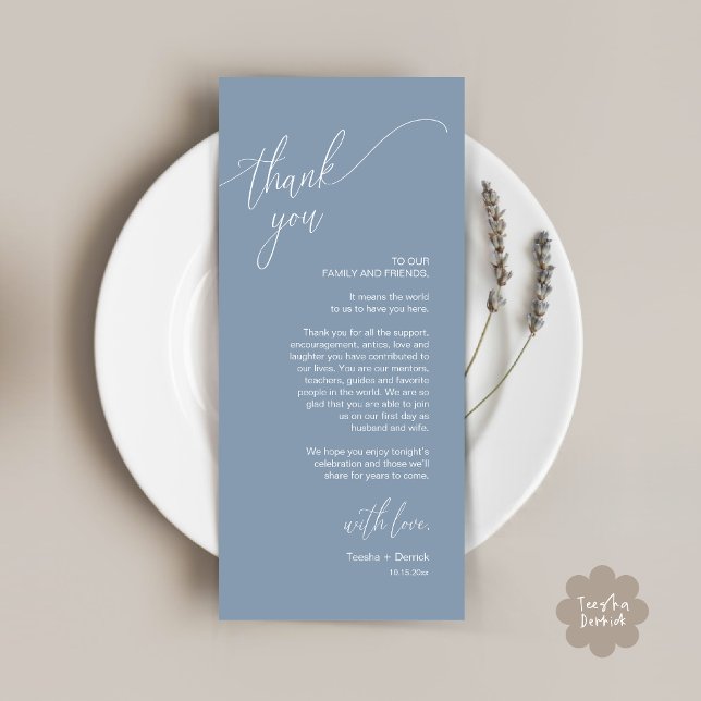 Modern Wedding Dinner Place Setting Thank You Card (Modern Wedding Dinner Brunch Place Setting Thank You Card romantic in aesthetic classy dusty blue)
