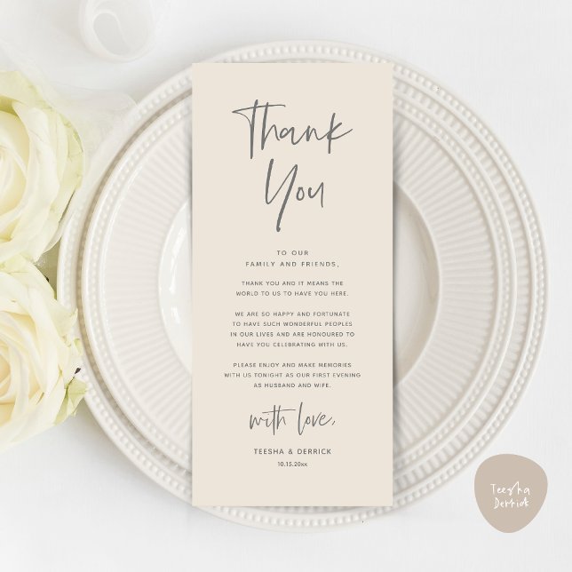 Modern Wedding Dinner Place Setting Thank You Card (Welcome and Thanks, Modern Wedding Dinner Brunch Party Place Setting Thank You Card Cream Grey)
