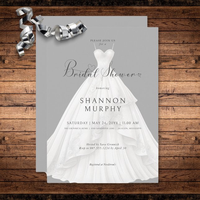 Modern Wedding Dress on Grey Bridal Shower Invitation (Modern Wedding Dress on Gray Bridal Shower Invitation)