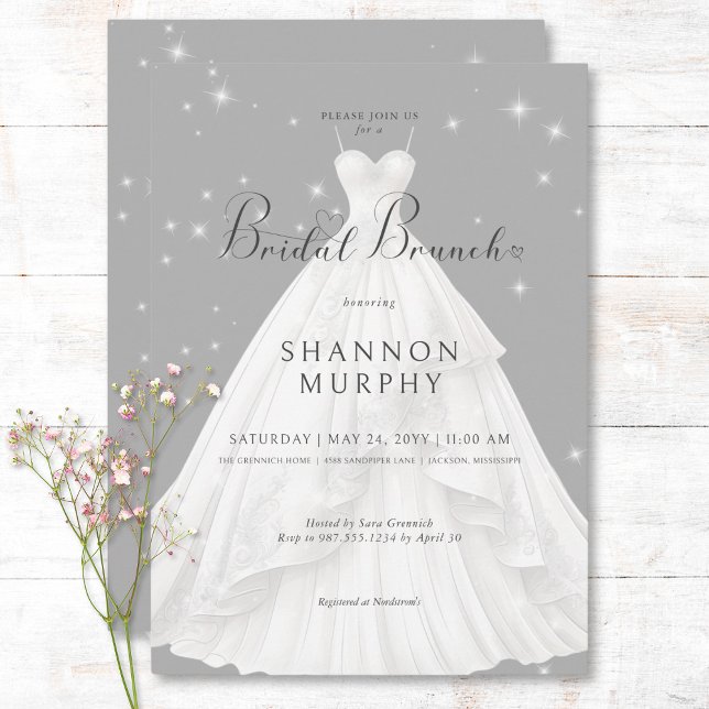 Modern Wedding Dress on Grey Sparkle Bridal Brunch Invitation (Modern Wedding Dress on Gray Sparkle Bridal Brunch Invitation)