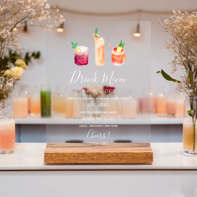 Modern wedding drink menu cocktails illustration  acrylic sign (Modern wedding drink menu cocktails illustration acrylic sign)