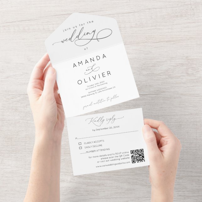 Modern Wedding Elegant Calligraphy Black & White All In One Invitation (Tearaway)