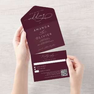 Modern Wedding Elegant Chic Calligraphy Burgundy All In One Invitation
