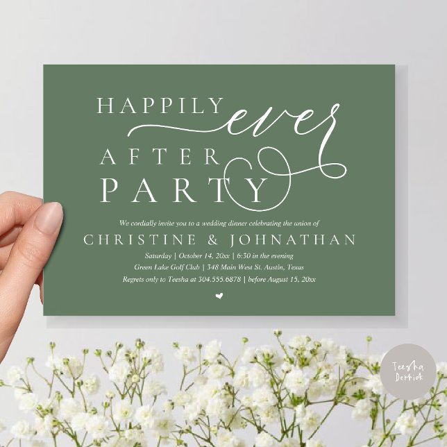 Modern Wedding Elopement, Happily Ever After Party Invitation (Modern Cute Wedding Elopement, Happily Ever After Party Invitation Card, PDF, in Forest Sage Green)