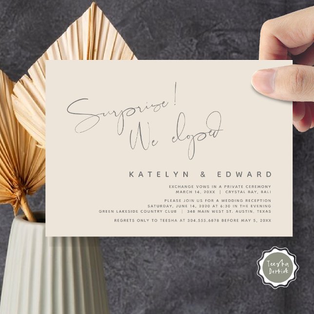 Modern Wedding Elopement, Surprise, we eloped Invitation (Modern Wedding Elopement, Surprise, we eloped, dinner Invitation Card, PDF, in Dark Grey and Cream)