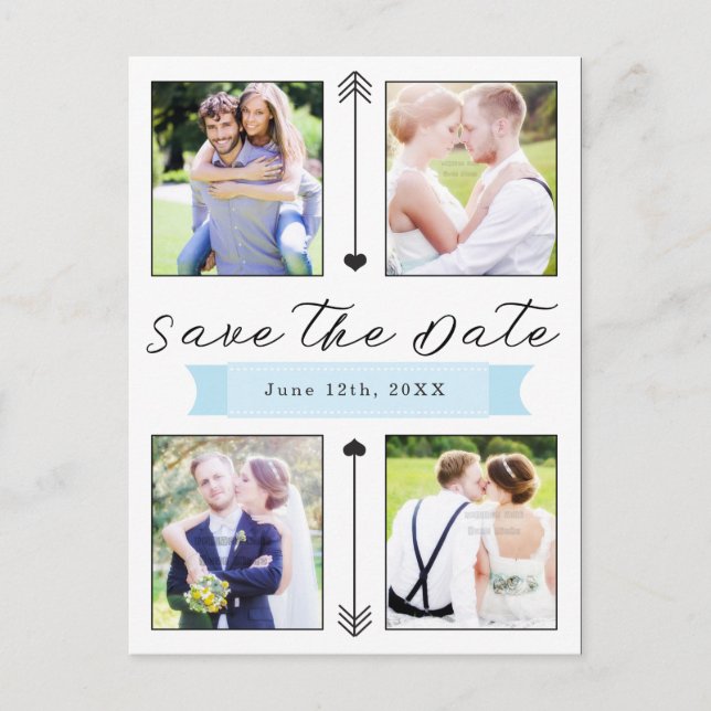 Modern Wedding Engagement 4 Photo Save the Date Postcard (Front)