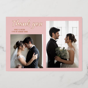 Modern wedding foil 3 photo pink thank you card