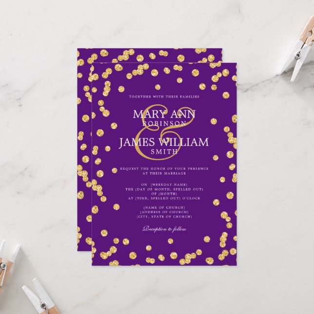 Modern Wedding Gold Glitter Confetti Purple  Invitation (Front/Back In Situ)