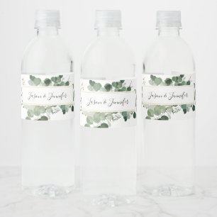 Modern Wedding Greenery Custom Couple Names  Water Bottle Label