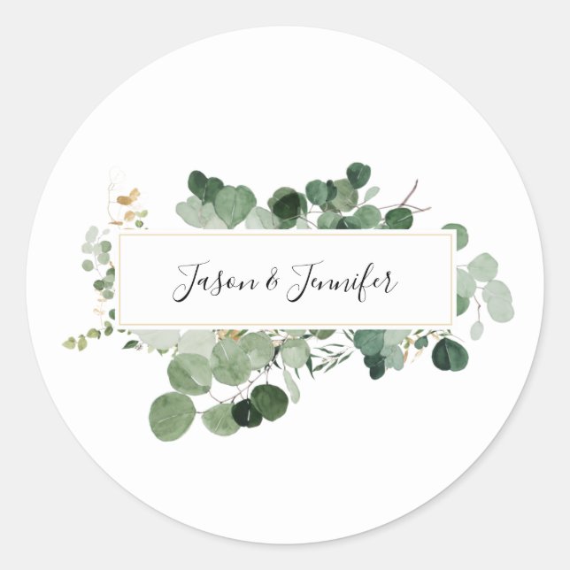 Modern Wedding Greenery Custom Couple Names White Classic Round Sticker (Front)