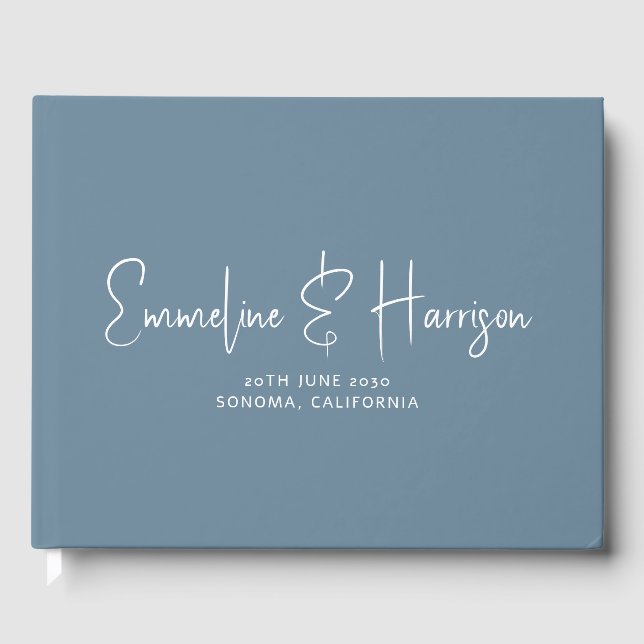 Modern Wedding Handwritten Script Dusty Blue Guest Book (Front)