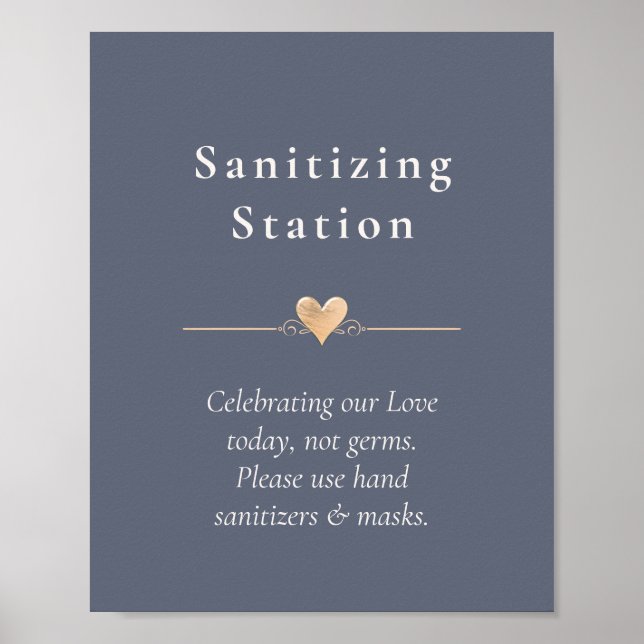 Modern Wedding Heart Sanitizing Station Navy Blue Poster (Front)