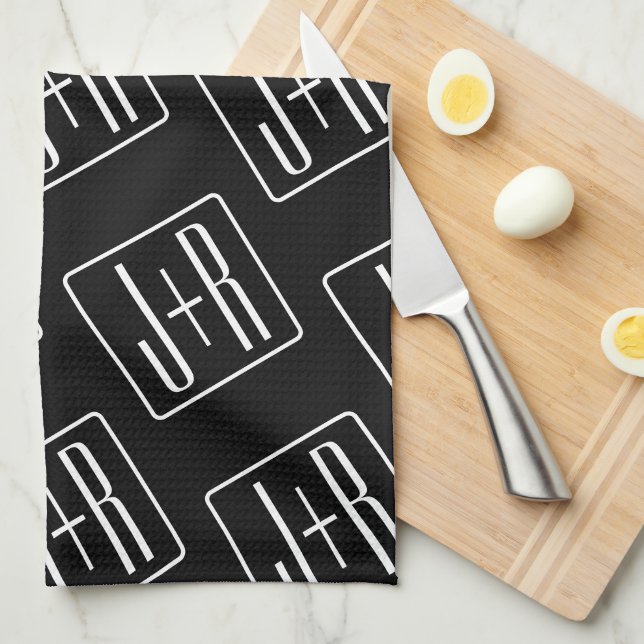 Modern Wedding Initials Pattern | Black & White Kitchen Towel (Quarter Fold)
