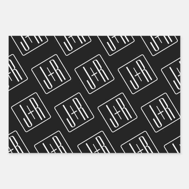 Modern Wedding Initials Pattern | Black & White Wrapping Paper Sheet (Front)