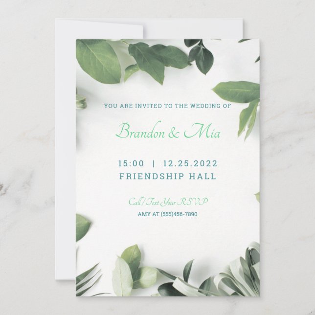 Modern Wedding Invitation with Botanical Leaves  (Front)